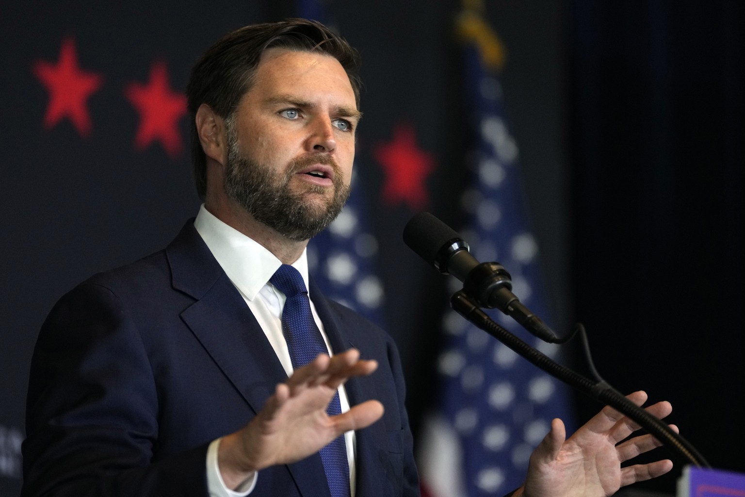 Republican vice presidential candidate Sen. JD Vance, R-Ohio, speaks during a fundraiser at Discovery World Science and Technology Museum, Wednesday, July 17, 2024, in Milwaukee. (AP Photo/Carolyn Kas ...