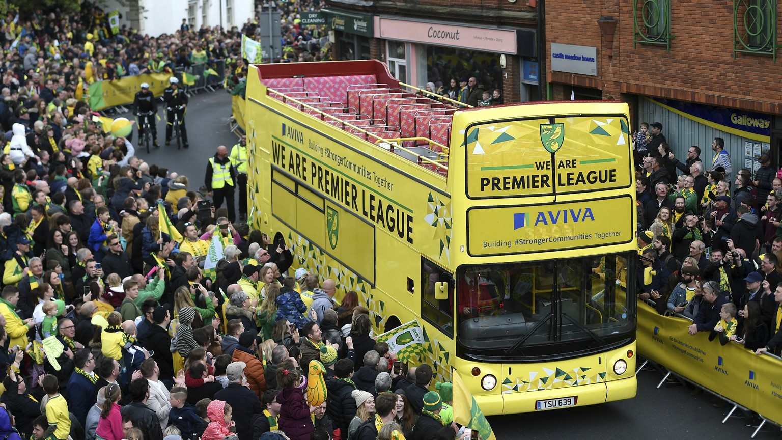 A general view of the broken down parade bus during the promotion parade, in Norwich City Centre, in Norwich, England, Monday May 6, 2019. Having already secured promotion to the Premier League, Norwi ...