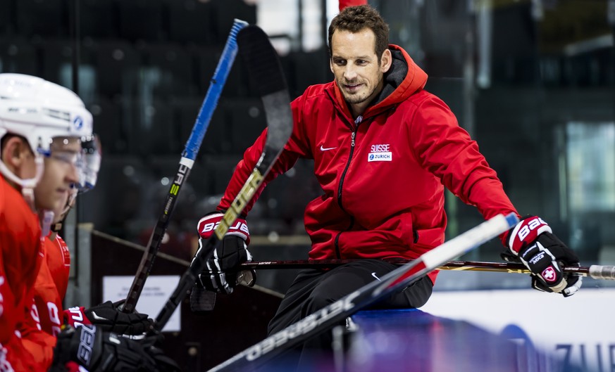 Patrick Fischer, head coach of Switzerland national ice hockey team, reacts during a training camp of Swiss national hockey team ahead the IIHF 2019 World Championship, at the ice stadium Les Vernets, ...