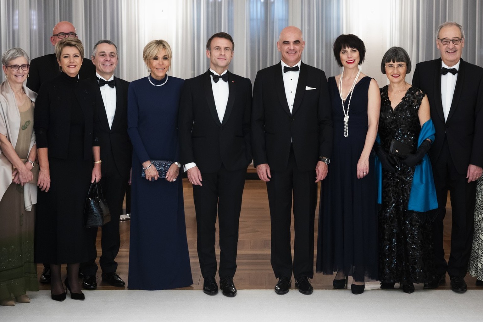 Paola Rodoni, wife of Ignazio Cassis, Swiss Federal Councillor Karin Keller-Sutter, Swiss Federal Councillor Ignazio Cassis, Brigitte Macron, French President Emanuel Macron, Swiss Federal President A ...