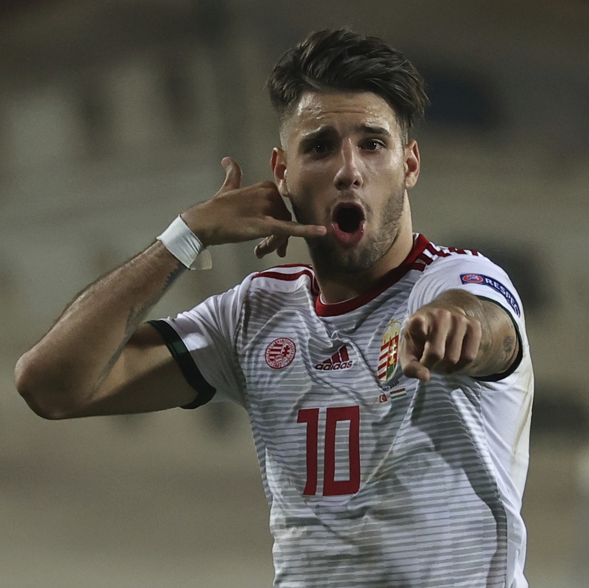 Hungary's Dominik Szoboszlai celebrates after scoring during the UEFA Nations League soccer match between Turkey and Hungary in Sivas, Turkey, Thursday, Sept. 3, 2020. (AP Photo)