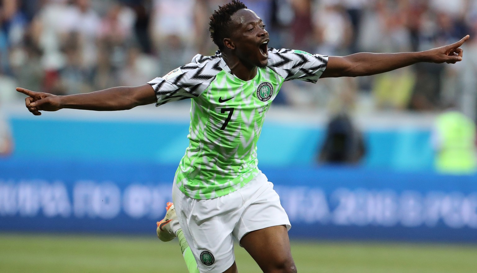 epa06831412 Ahmed Musa of Nigeria celebrates after scoring the 2-0 goal during the FIFA World Cup 2018 group D preliminary round soccer match between Nigeria and Iceland in Volgograd, Russia, 22 June  ...