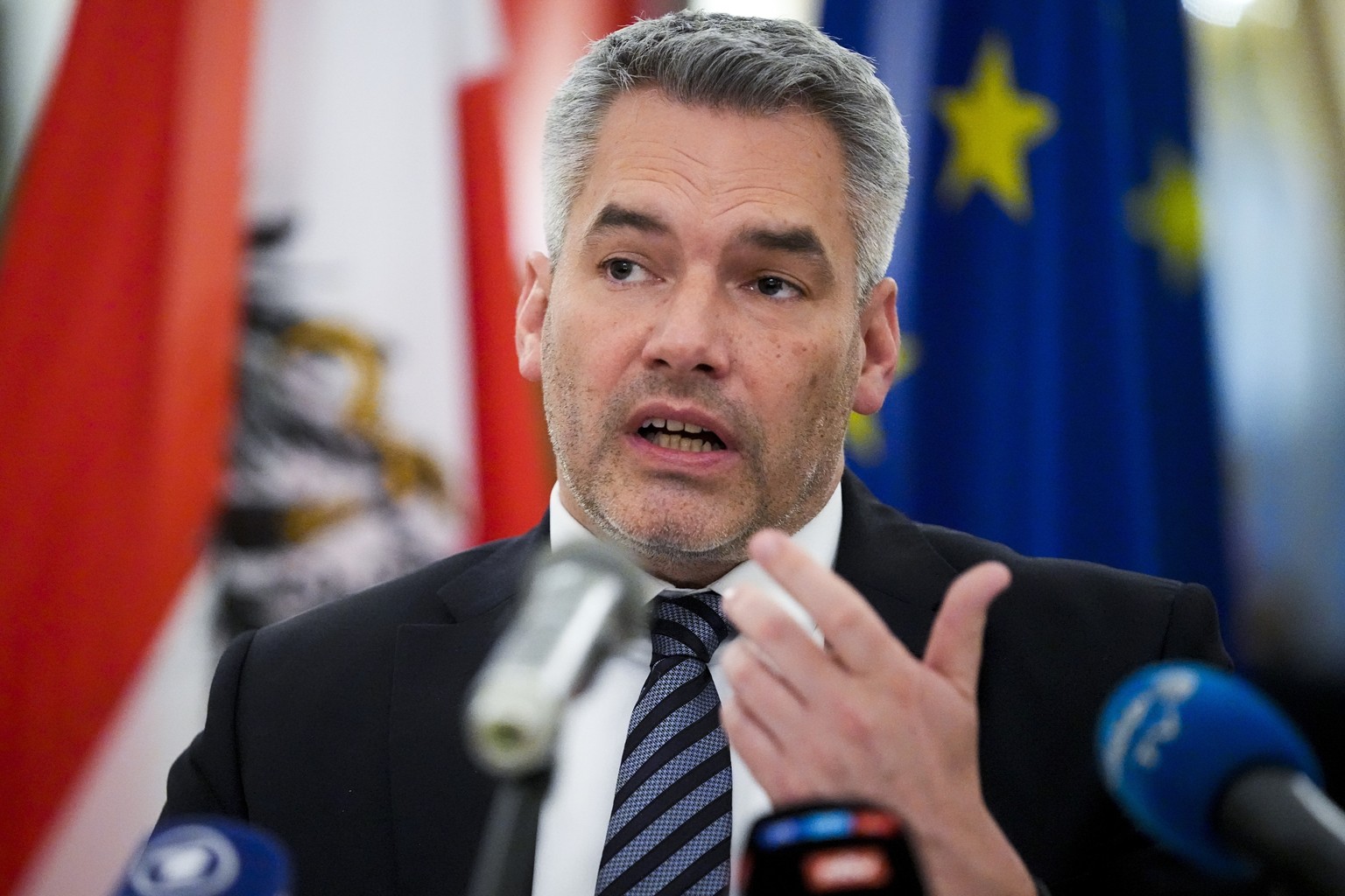 Austria&#039;s Chancellor Karl Nehammer gestures while speaking during a news conference after his meeting with Russian President Vladimir Putin in Moscow, Russia, Monday, April 11, 2022. (AP Photo/Al ...