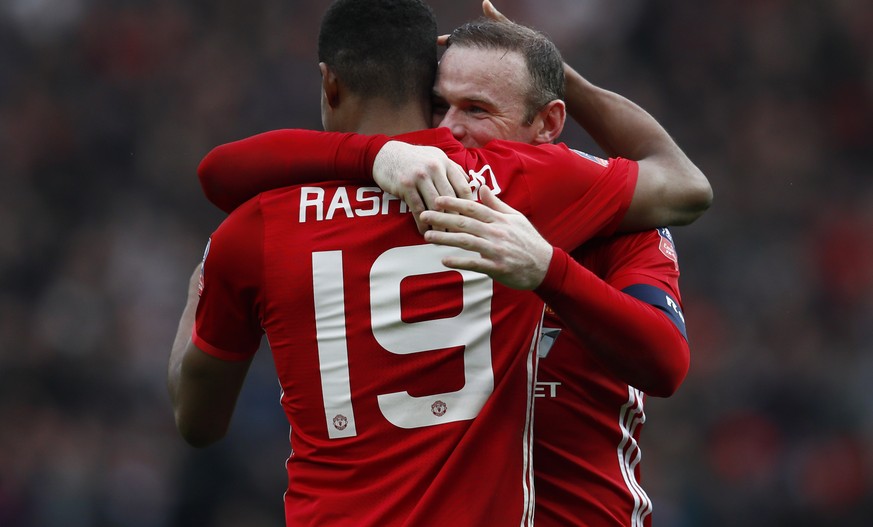 Britain Football Soccer - Manchester United v Reading - FA Cup Third Round - Old Trafford - 7/1/17 Manchester United&#039;s Marcus Rashford celebrates scoring their third goal with Wayne Rooney Action ...