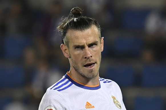 Real Madrid's Gareth Bale reacts during a Spanish La Liga soccer match between Alaves and Real Madrid at the Mendizorroza stadium in Vitoria, Spain, Saturday, Aug. 14, 2021. (AP Photo/Alvaro Barrientos)