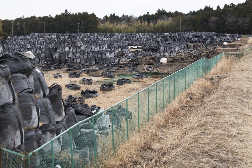This photo shows bags containing radioactive soil, chopped down tree branches and other debris collected from areas affected by the nuclear power plant disaster following a 2011 earthquake and tsunami ...