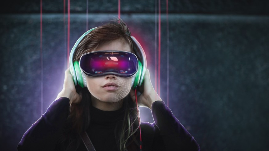 Young woman in glasses virtual reality goggles and headphones. VR headset and technology augmented reality concept.