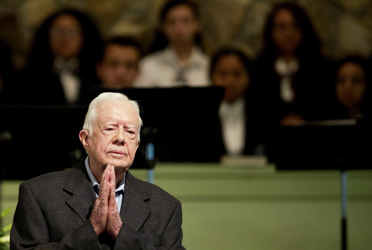 FILE - Former President Jimmy Carter teaches Sunday School class at Maranatha Baptist Church in his hometown, Aug. 23, 2015, in Plains, Ga. In the year since Jimmy Carter first entered home hospice ca ...
