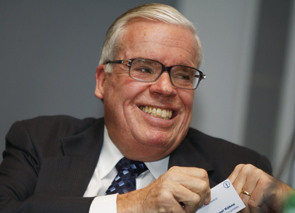Klaus-Michael Kuehne, Verwaltungsratspraesident der Kuehne und Nagel International AG, laechelt zufrieden, anlaesslich der Bilanzpressekonferenz des Logistikunternehmens am Dienstag, 3. Maerz 2009, in ...