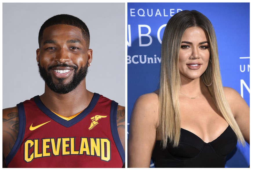 This combination photo shows television personality Khloe Kardashian at the NBCUniversal Network 2017 Upfront at Radio City Music Hall in New York on May 15, 2017, right, and Cleveland Cavaliers&#039; ...