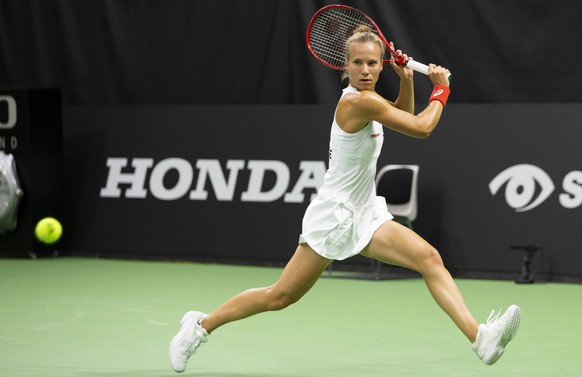 epa08565910 Viktorija Golubic of Switzerland in action during her match against Stefanie Voegele of Switzerland at the Tennis Securitas Pro Cup in the Swiss Tennis Arena in Biel, Switzerland, 25 July  ...