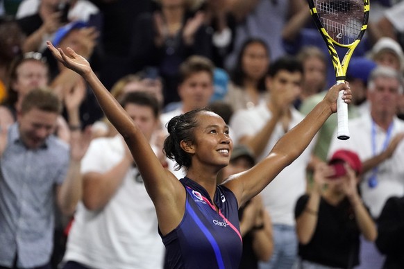 Leylah Fernandez, of Canada, reacts after defeating Angelique Kerber, of Germany, during the fourth round of the US Open tennis championships, Sunday, Sept. 5, 2021, in New York. (AP Photo/John Minchi ...