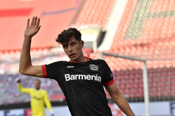 Leverkusen&#039;s Kai Havertz, reacts after missing a chance during the Europa League round of 16, second leg, soccer match between Bayer Leverkusen and Glasgow Rangers at the BayArena in Leverkusen,  ...