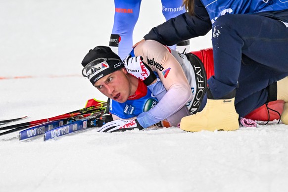 epa11979440 Valerio Grond of Switzerland reacts in the finish area after the final round of the Men Sprint Free race at the FIS Cross Country World Cup in Lahti, Finland, 21 March 2025. EPA/KIMMO BRAN ...