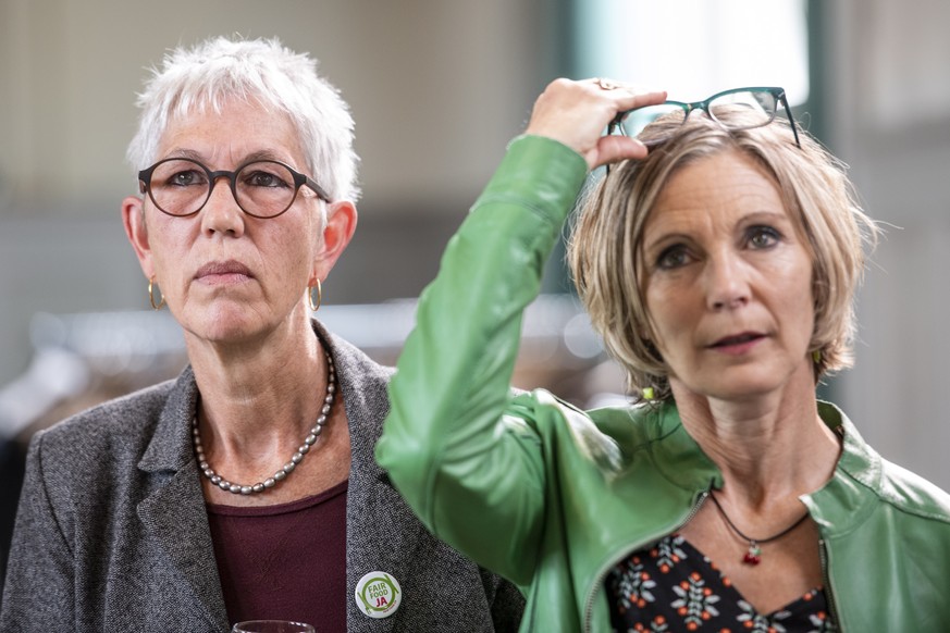 epa07041034 Regina Fuhrer-Wyss, president of the Swiss small farmers association (L) and Maya Graf, Co-President of the initiative committee and national councillor of the Green Party of Switzerland ( ...