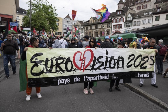 Pro Palestine demonstration at the 69th Eurovision Song Contest at the Barfuesserplatz in Basel, Switzerland, on Saturday, May 17, 2025. (KEYSTONE/Peter Schneider)