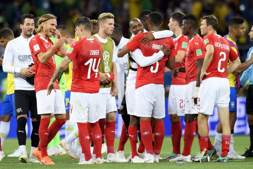 Switzerland&#039;s national team soccer players cheer after the FIFA soccer World Cup 2018 group E match between Switzerland and Brazil at the Rostov Arena, in Rostov-on-Don, Russia, Sunday, June 17,  ...