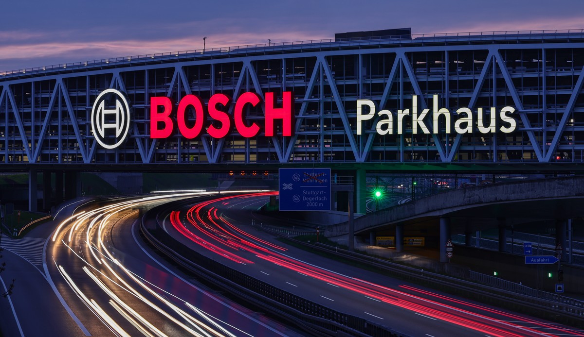 epa12890178 The Bosch logo on an parking house as cars drive below in Stuttgart, Germany, 14 April 2026. Robert Bosch GmbH, the worlds largest supplier of automotive electronics and mechatronics, wil ...
