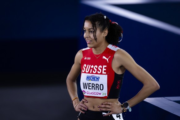 Audrey Werro of Switzerland reacts after the women&#039;s 800 meters semifinal at the World Athletics Indoor Championships at the Emirates Arena in Glasgow, Scotland, on Saturday, March 2, 2024. (KEYS ...