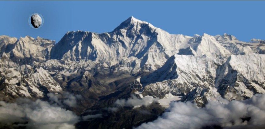 Asteroid 2001 FO32 im Grössenvergleich mit dem Mount Everest. Form, Farbe und Oberfläche des Asteroiden sind nicht bekannt, sondern hier vermutet. 
https://www.spacereference.org/asteroid/231937-2001- ...