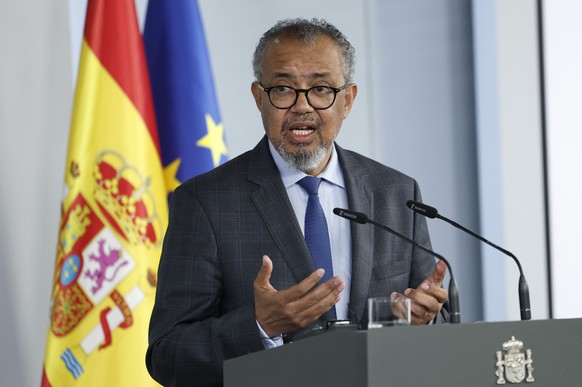 epa12949223 World Health Organization (WHO) Director-General Tedros Adhanom Ghebreyesus briefs the press on the recent hantavirus outbreak linked to the MV Hondius cruise ship during a joint press con ...