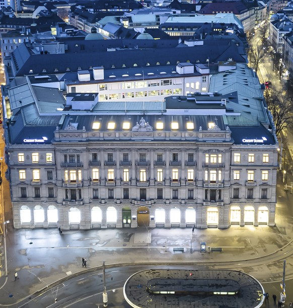 FILE - An aerial view of the headquarters of the Swiss banks Credit Suisse, center, and UBS, left, at Paradeplatz in Zurich, Switzerland, on March 19, 2023. If the debt crisis now roiling Washington w ...