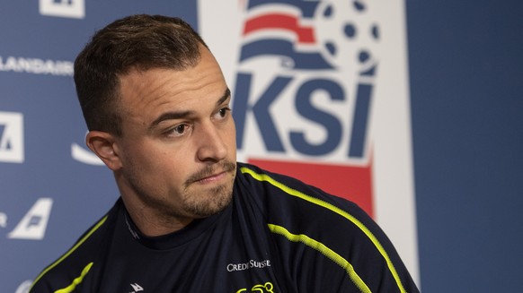 epa07093240 Switzerland&#039;s Xherdan Shaqiri attends a press conference in Reykjavik, Iceland, 14 October 2018. Switzerland will face Iceland in their UEFA Nations League soccer match on 15 October  ...