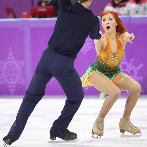 epa06541253 Tiffani Zagorski and Jonathan Guerreiro, Olympic Athletes of Russia (OAR) in action during the Ice Dance Short Dance of the Figure Skating competition at the Gangneung Ice Arena during the ...