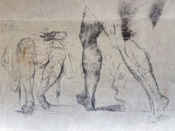Delicate charcoal drawings attributed by some experts to Michelangelo appear on the walls of a room that was used to store charcoal until 1955 inside the Medici Church in Florence, central Italy, on Tuesday.