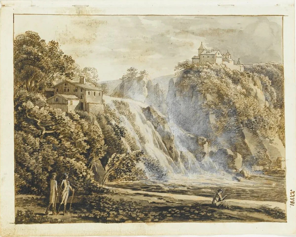 Skizze aus dem Tagebuch von Joseph Anton Koch, 1791
https://www.staatsgalerie.de/de/sammlung-digital/rheinfall-vom-drahtzug-reisetagebuch-1791-xxviii