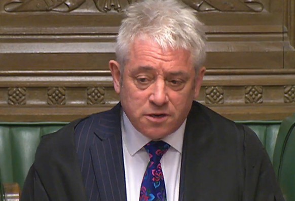 epa07450457 A handout video-grabbed still image from a video made available by the UK Parliamentary Recording Unit shows Speaker John Bercow in the House of Commons during Prime Minister&#039;s Questi ...