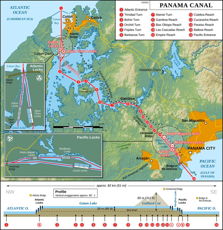 Der Panama-Kanal führt von Colón nach Panama City einmal quer durch das Land.