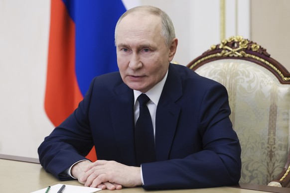 Russian President Vladimir Putin chairs a Security Council meeting via videoconference at the Kremlin in Moscow, Russia, Friday, March 7, 2025. (Mikhail Metzel, Sputnik, Kremlin Pool Photo via AP)
Rus ...
