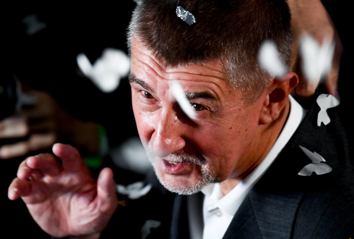 epa06280921 Andrej Babis, Slovak-born billionaire and leader of the ANO movement, speaks after the first results prognosis of Czech parliamentary elections at the ANO movement election event in Prague ...