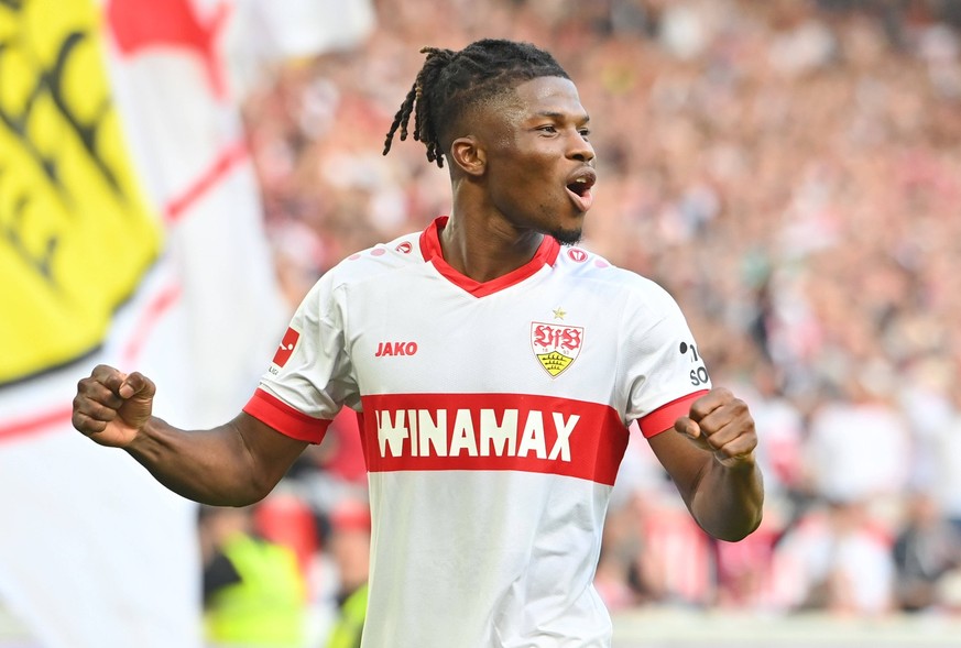 Torjubel El Bilal TOURE VFB Stuttgart nach Tor zum 2-0, Jubel,Freude,Begeisterung, Aktion,Einzelbild,angeschnittenes Einzelmotiv,Halbfigur,halbe Figur. Fussball 1. Bundesliga Saison 2024/2025, 8.Spiel ...