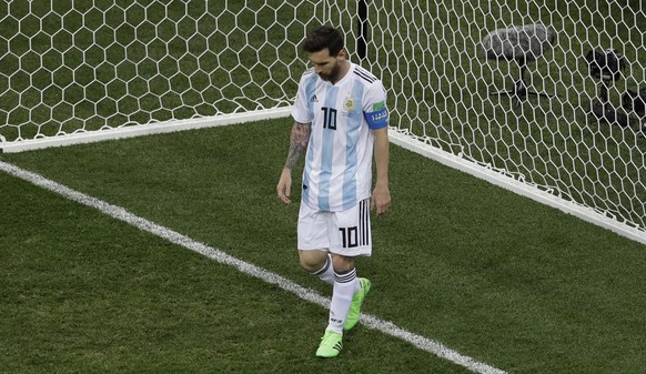 Argentina&#039;s Lionel Messi reacts during the group D match between Argentina and Croatia at the 2018 soccer World Cup in the Nizhny Novgorod stadium in Nizhny Novgorod, Russia, Thursday, June 21, 2 ...