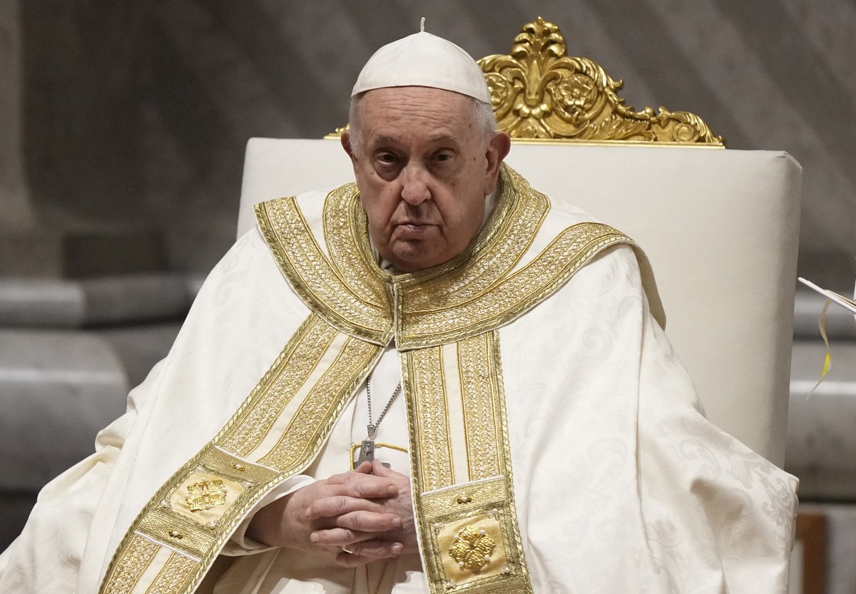 Pope Francis presides over the First Vespers and Te Deum, the rite of thanksgiving for the end of the year, in Saint Peter's Basilica at the Vatican, Sunday, Dec. 31, 2023. (AP Photo/Andrew Medic ...