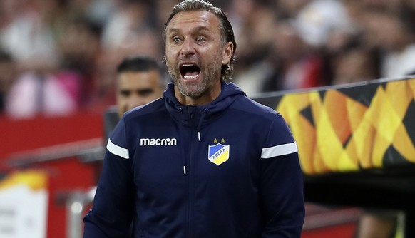 epa07893672 Apoel Nicosia&#039;s head coach Thomas Doll reacts during the UEFA Europa League Group A soccer match between Sevilla FC and Apoel FC at the Sanchez Pizjuan stadium in Seville, Spain, 03 O ...