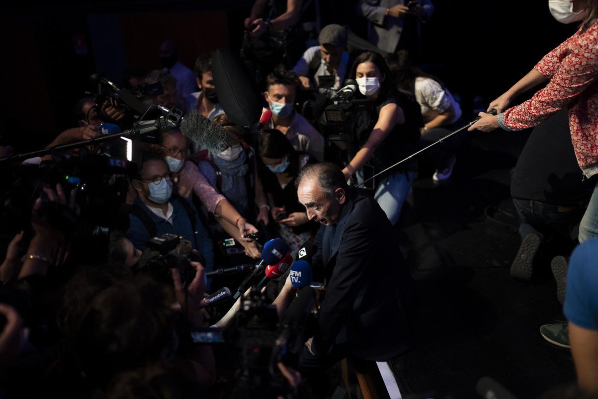 Eric Zemmour speaks as he launches his latest book Friday, Sept. 17, 2021 in Toulon, southern France. Provocative anti-immigration commentator Eric Zemmour is drawing national attention in France as h ...