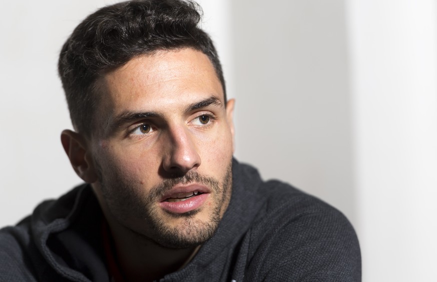 Switzerland&#039;s national soccer team player Fabian Schaer speaks during a press conference before the upcoming UEFA Euro 2020 qualifying soccer matchs, at the Stade Olympique de la Pontaise in Laus ...