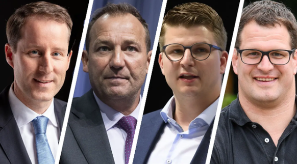 Fraktionschef Thomas Aeschi (ZG, von links) und die Nationalräte Thomas Matter (ZH), Mike Egger (SG) und Manuel Strupler (TG) haben die Nachhaltigkeitsinitiative der SVP ausgearbeitet.