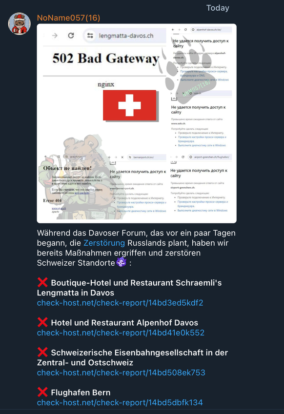 DDoS-Attacke auf Schweizer Firmen durch NoName057(16), am 17. Januar 2024, angekündigt in einem einschlägigen Telegram-Kanal.