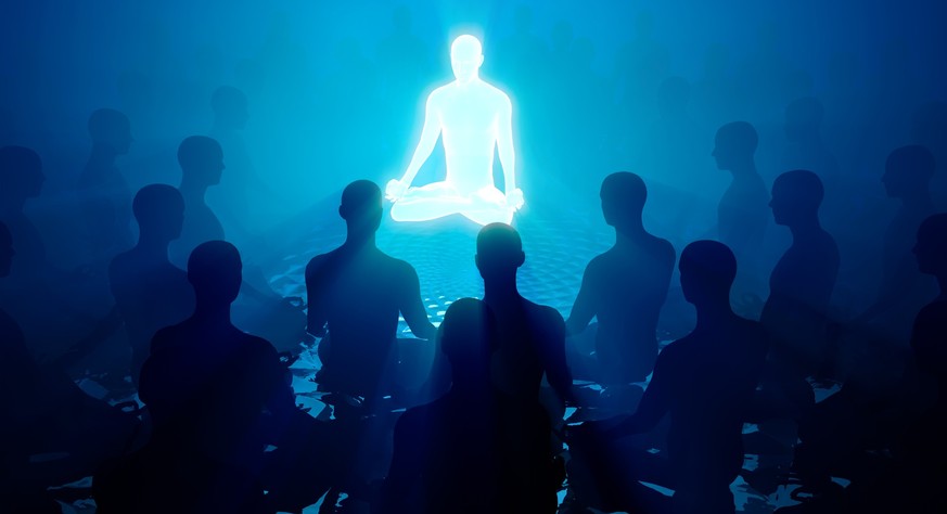 Eine Gruppe Menschen schaut zu einer erleuchteten Figur, ihrem Guru