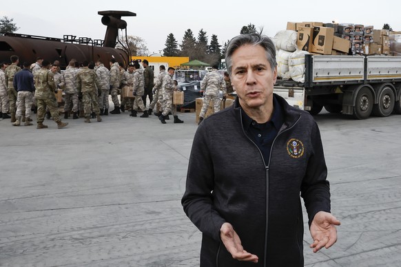 FILE - U.S. Secretary of State Antony Blinken speaks as U.S. military personnel load aid onto a vehicle, at Incirlik Air Base near Adana, Turkey, Sunday, Feb. 19, 2023. In an interview that aired Sund ...