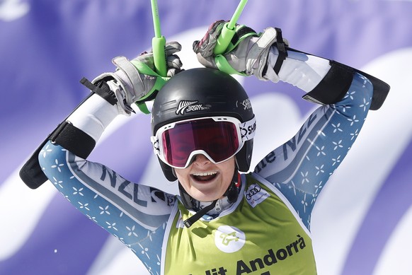 epa07444525 Alice Robinson of New Zealand reacts following the second run of the Women&#039;s Giant Slalom at the FIS Alpine Skiing World Cup finals in Soldeu - El Tarter, Andorra, 17 March 2019. EPA/ ...