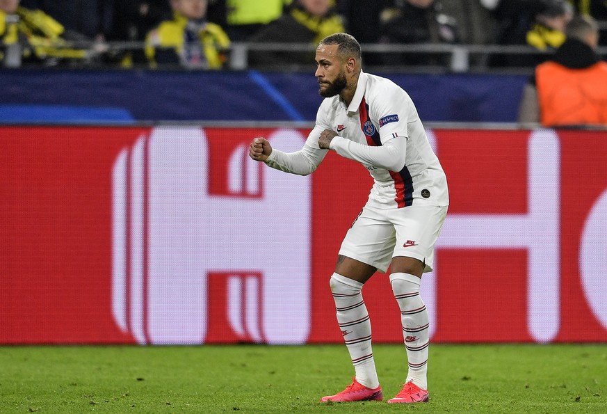 PSG's Neymar provokes Dortmund's fans after scoring during the Champions League round of 16 first leg soccer match between Borussia Dortmund and Paris Saint Germain in Dortmund, Germany, Tue ...