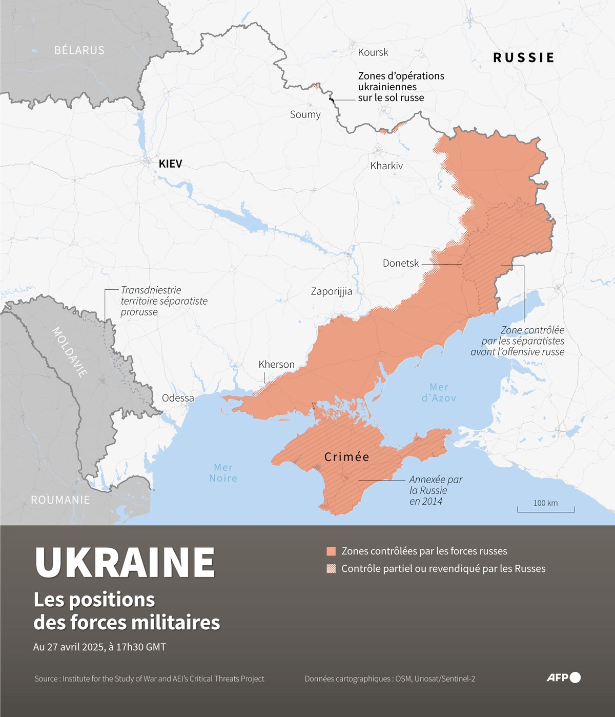 Carte des zones contrôlées par les forces russes en Ukraine et zones d'opérations ukrainiennes sur le sol russe, au 27 avril 2025.