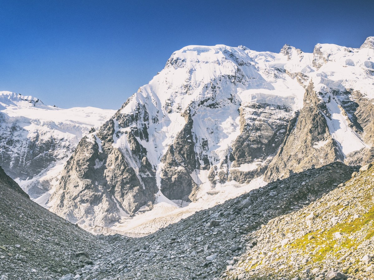 Panorama of the Mizhirgi East (4927 m) and Mizhirgi West (5025 m) peaks of the Northern Massif of the Main Caucasian Range