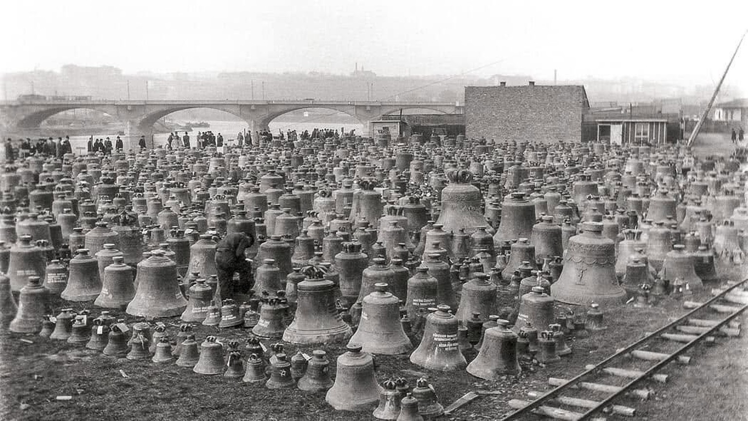 Germans collecting church bells to melt down for the war effort. Libeň Bridge, Prague, July 1942