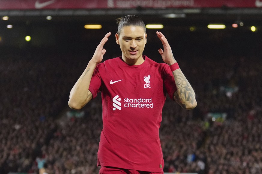 Liverpool&#039;s Darwin Nunez reacts after missing an opportunity to score during the English Premier League soccer match between Liverpool and West Ham United at Anfield stadium in Liverpool, England ...